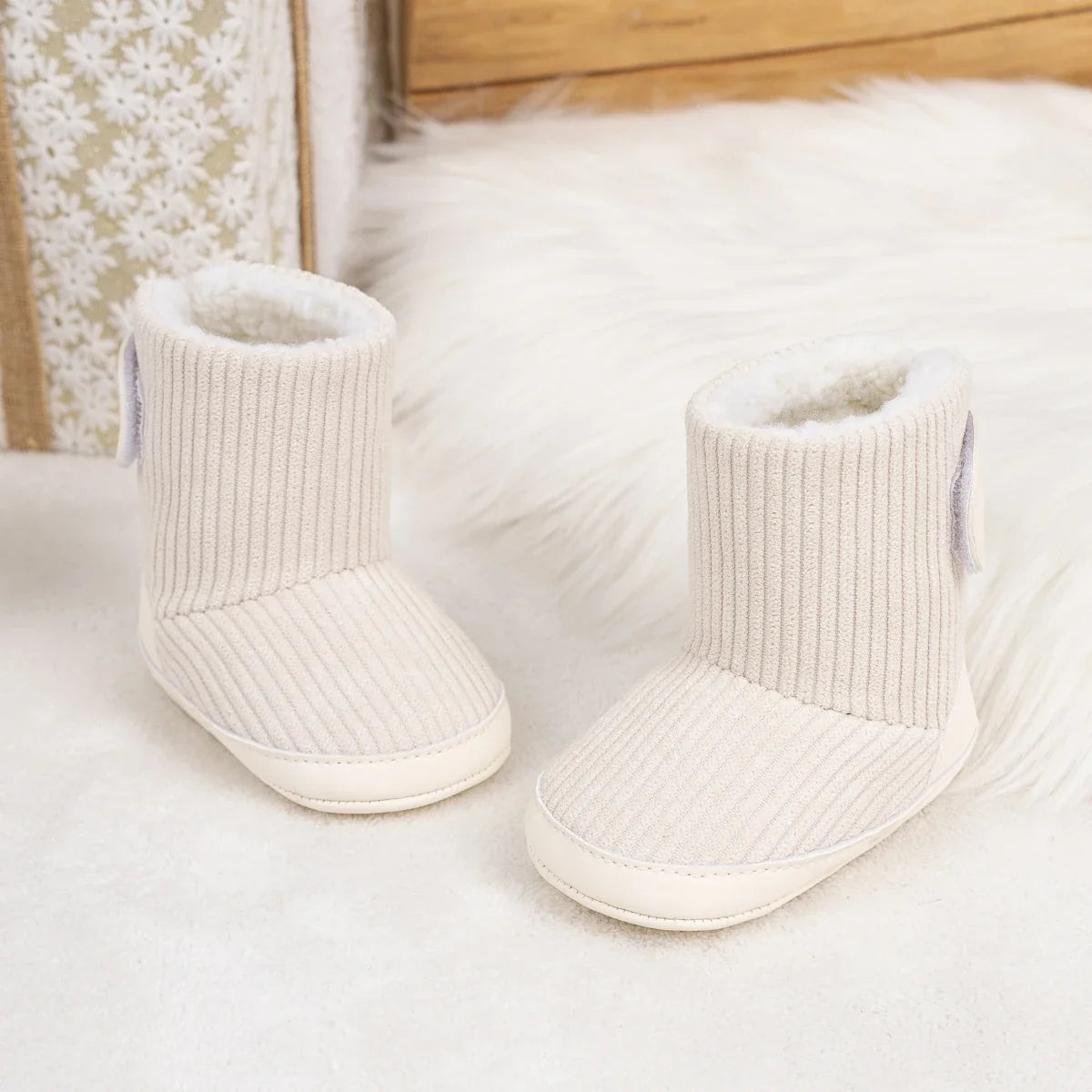 Newborn Winter Boots pair cream corduroy booties with plush lining UpTrend Deals on Tampa Home & Garden Store