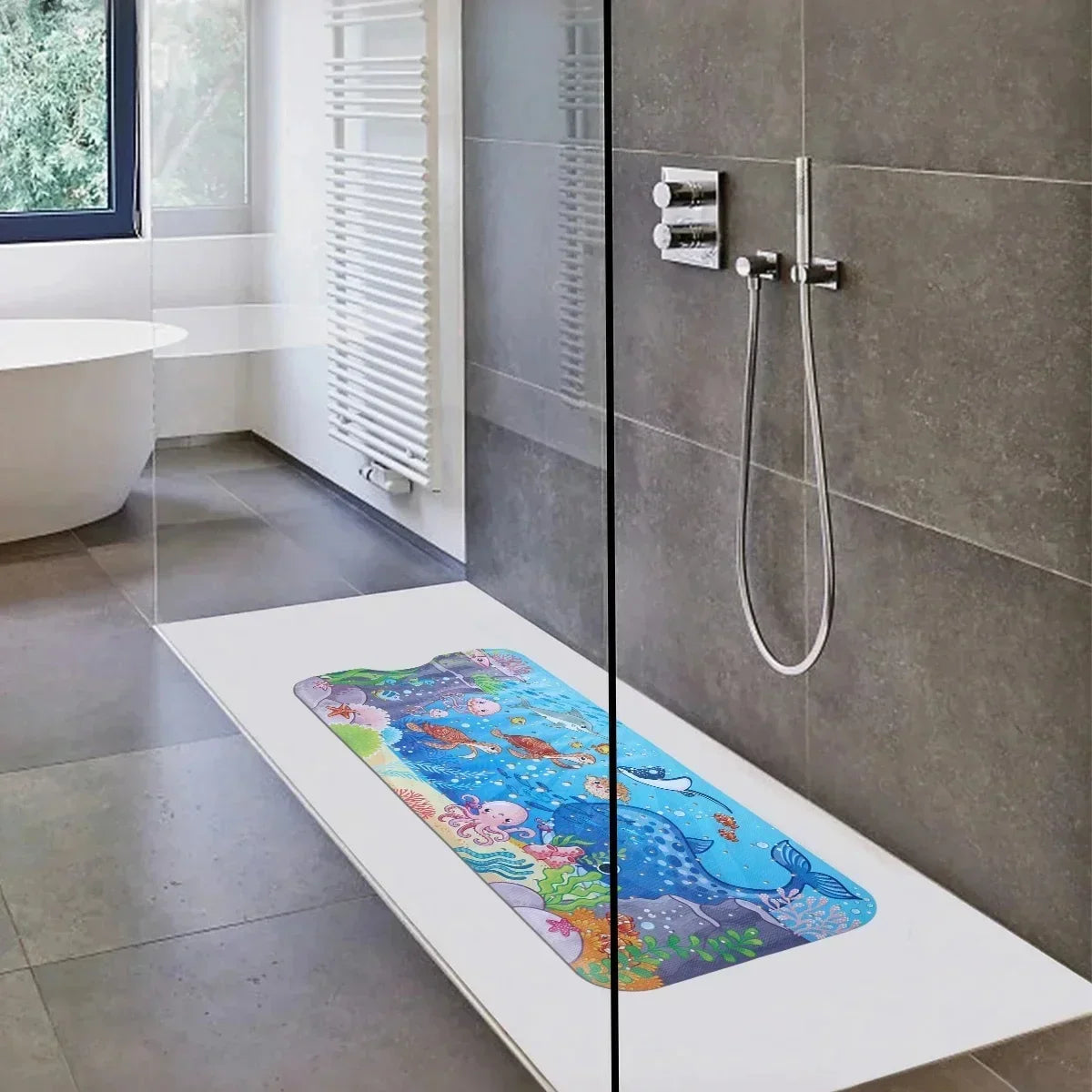 Cartoon Bathtub Mat 40x100cm Silcy Skin, colorful underwater design, non-slip with suction cups on Tampa Home & Garden Store