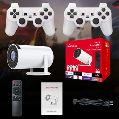 3D game projector 2 in 1 with white dual controllers, white projector, red packaging, remote on Tampa Home & Garden Store