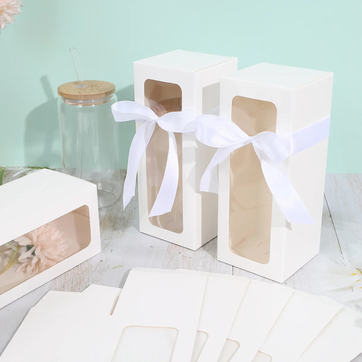 10pc white glass display gift boxes with clear windows and white satin ribbons on Tampa Home & Garden Store