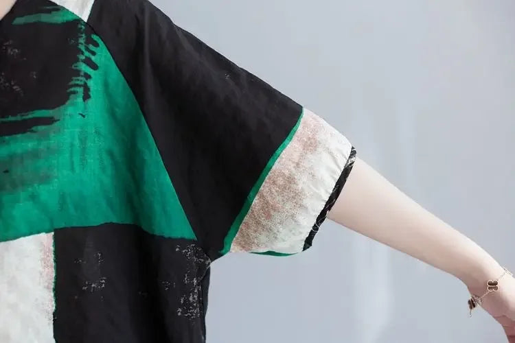 Women Summer T-shirt Retro Loose Cotton Linen Short Sleeve Top green black by UpTrend Deals on Tampa Home & Garden Store