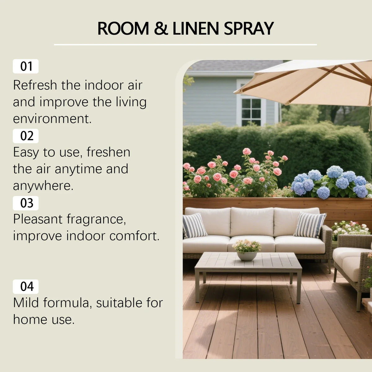Indoor Lavender Fragrance Spray by Silcy Skin, 100ml, room & linen spray beside a patio on Tampa Home & Garden Store