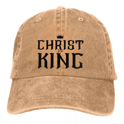 King Caps tan distressed cap with black CHRIST IS KING text and crown on Tampa Home & Garden Store