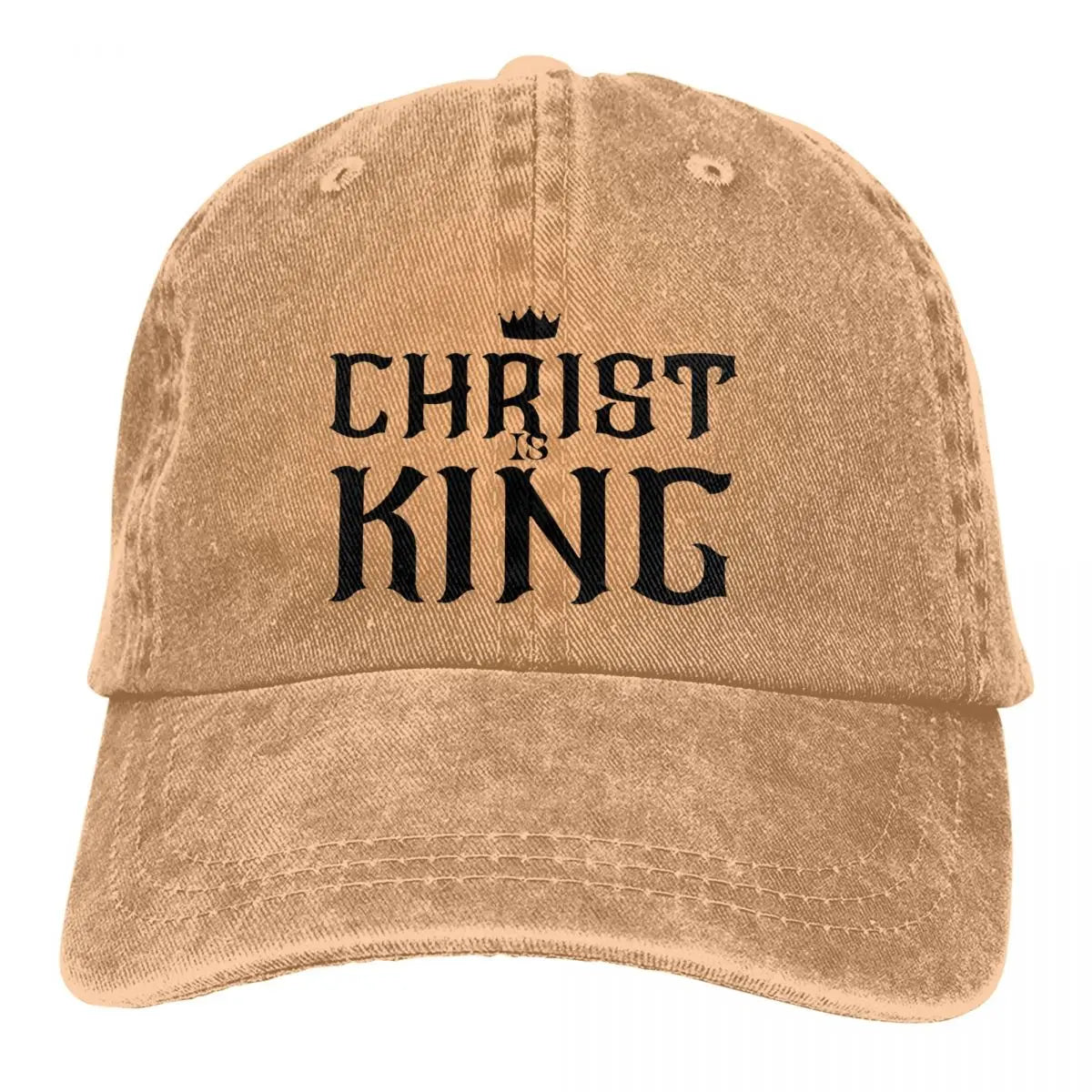 King Caps tan cap with black CHRIST IS KING text and crown graphic on Tampa Home & Garden Store