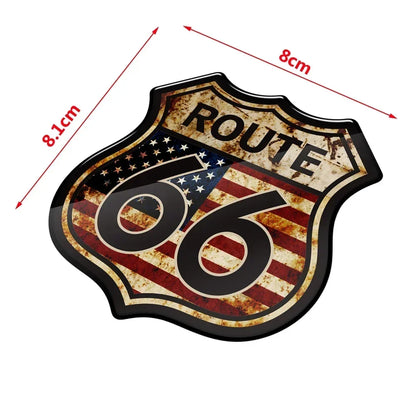 Route 66 shield sticker with vintage distressed US flag design, 8x8 cm, 3D look on Tampa Home & Garden Store
