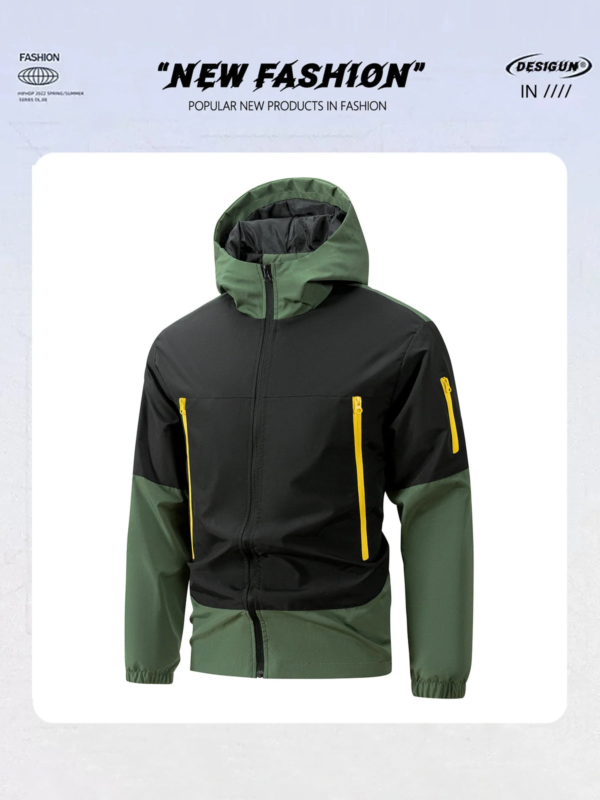 Men windproof hooded jacket in black with green sleeves and yellow zippers by UpTrend Deals on Tampa Home & Garden Store