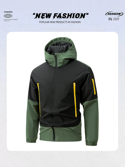 Men windproof hooded jacket in black with green sleeves and yellow zippers by UpTrend Deals on Tampa Home & Garden Store