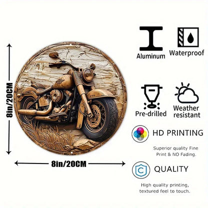 Round faux wooden carved wreath sign with motorcycle motif, 8in/20cm, BikerZoneZ entrance decor on Tampa Home & Garden Store
