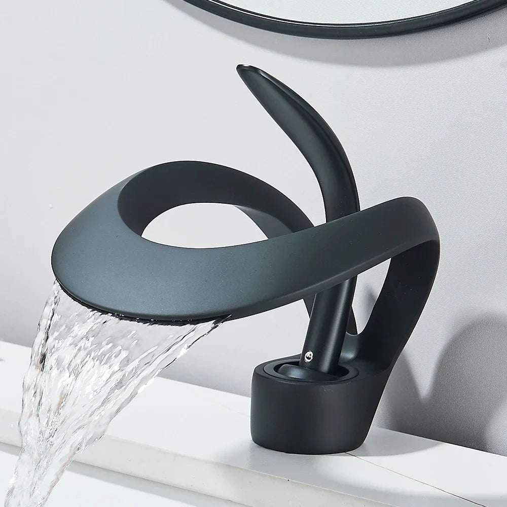Solid brass waterfall basin faucet in matte black with single-handle lever Silcy Skin on Tampa Home & Garden Store