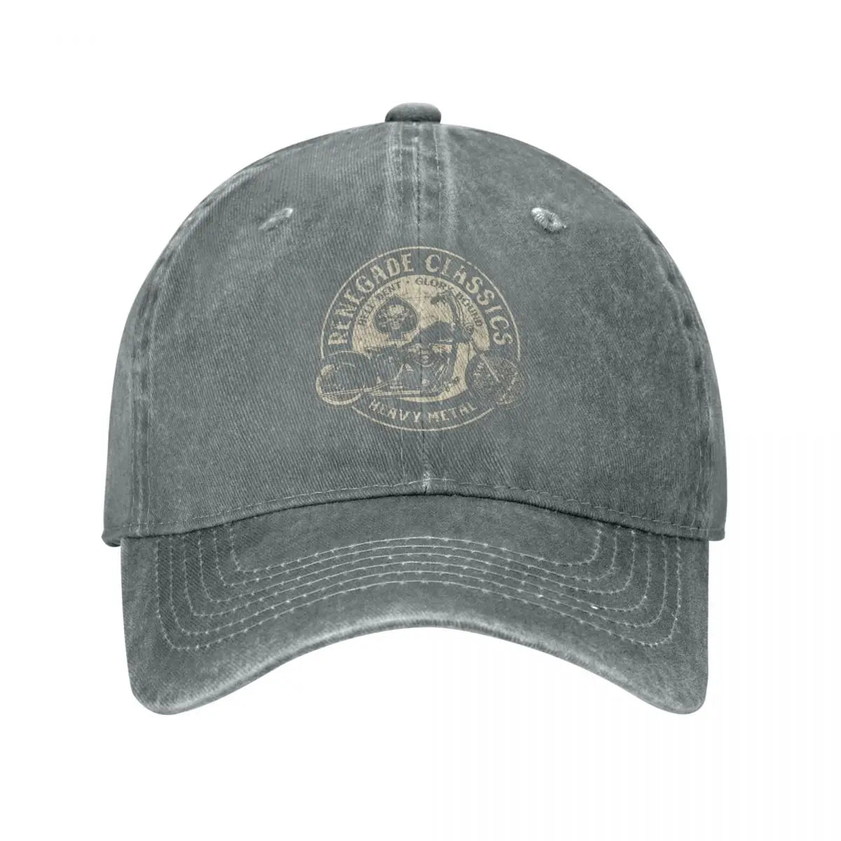 Vintage Motorcycle Cap by BikerZoneZ, faded gray denim baseball hat with circular logo on Tampa Home & Garden Store