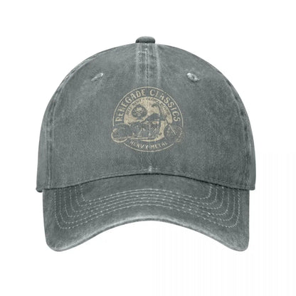 Vintage Motorcycle Cap by BikerZoneZ, faded gray denim baseball hat with circular logo on Tampa Home & Garden Store