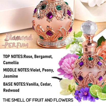 Silcy Skin Exotic Arabian Perfume bottle with jeweled crown cap, pink blooms on Tampa Home & Garden Store