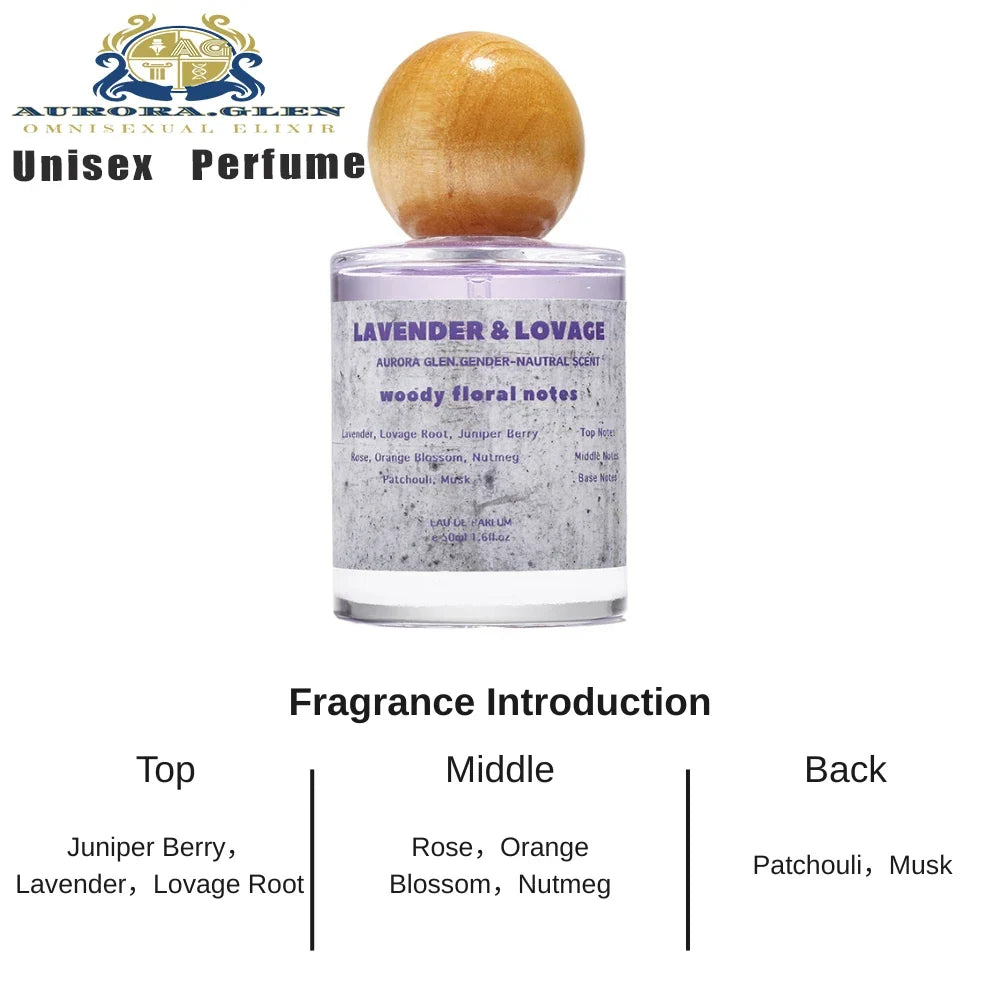 Lavender & Lovage unisex perfume bottle with purple liquid and wooden cap; Aurora Glen logo on Tampa Home & Garden Store