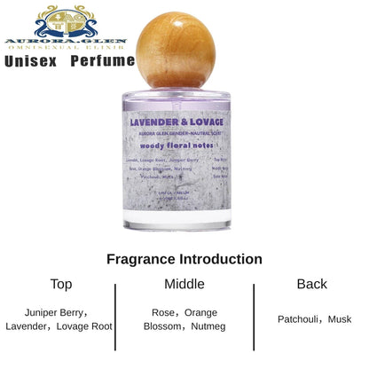 Lavender & Lovage unisex perfume bottle with purple liquid and wooden cap; Aurora Glen logo on Tampa Home & Garden Store