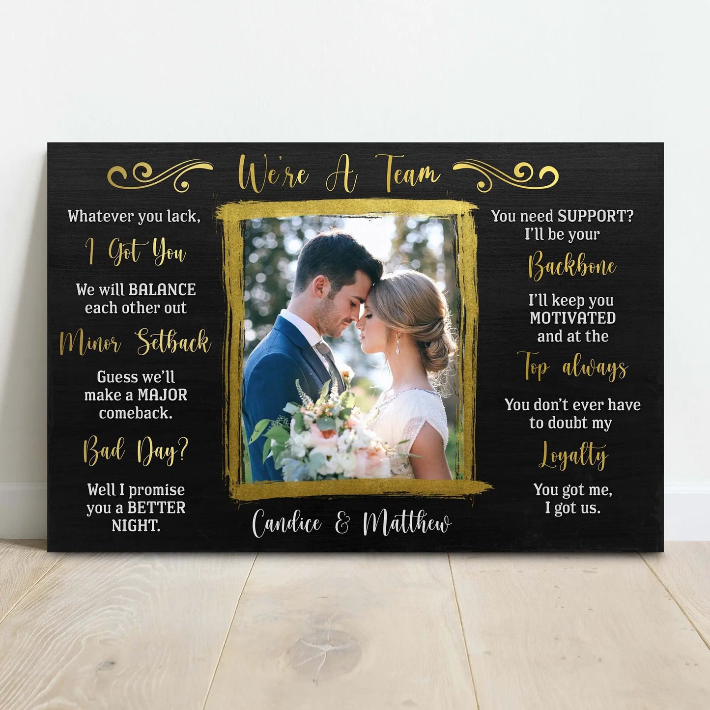 We're A Team Canvas Sign by Tailored Canvases, black craft canvas with gold script and frame on Tampa Home & Garden Store