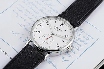 Men's Ultra-Thin Automatic Dress Watch with stainless steel case, white dial, black leather strap on Tampa Home & Garden Store