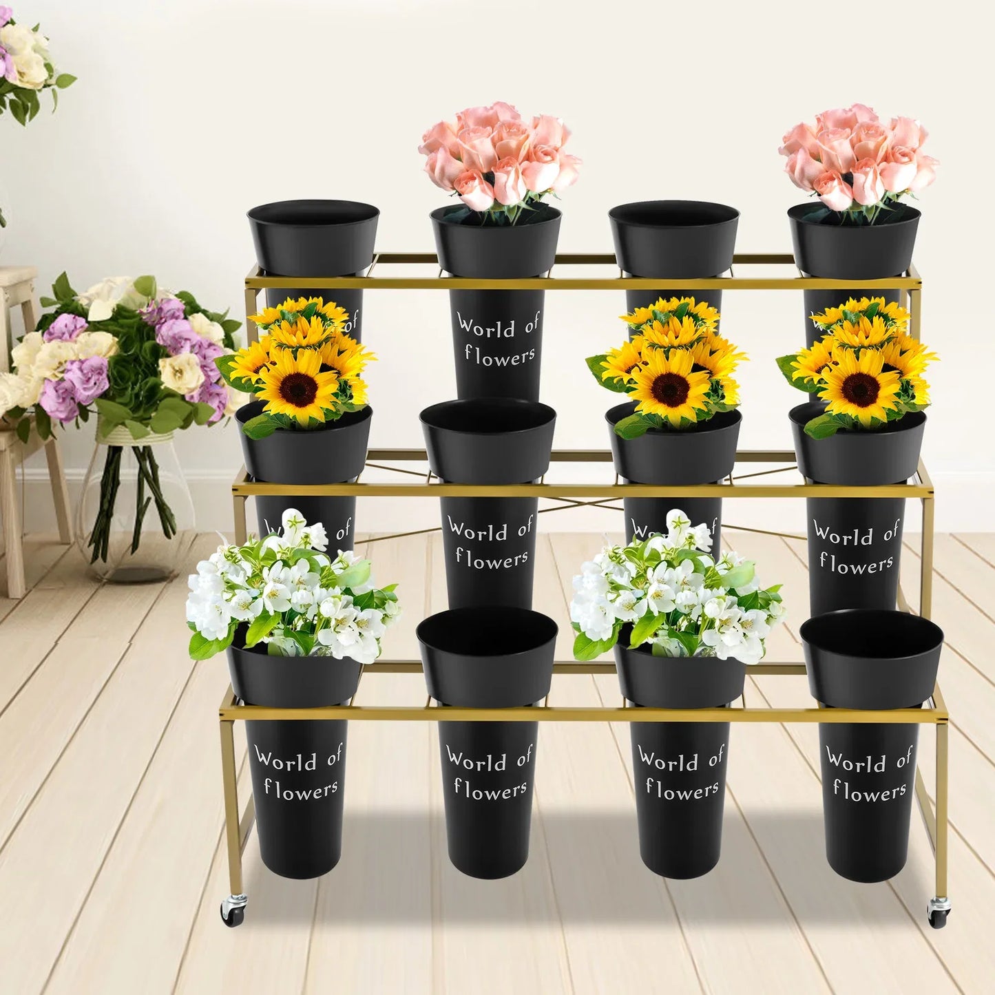 3 Tier Metal Flower Display Stand With Wheels