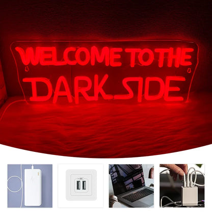 Welcome To The Dark Side neon sign by Perfecsy, red USB-powered letter lamp for bedroom decor on Tampa Home & Garden Store