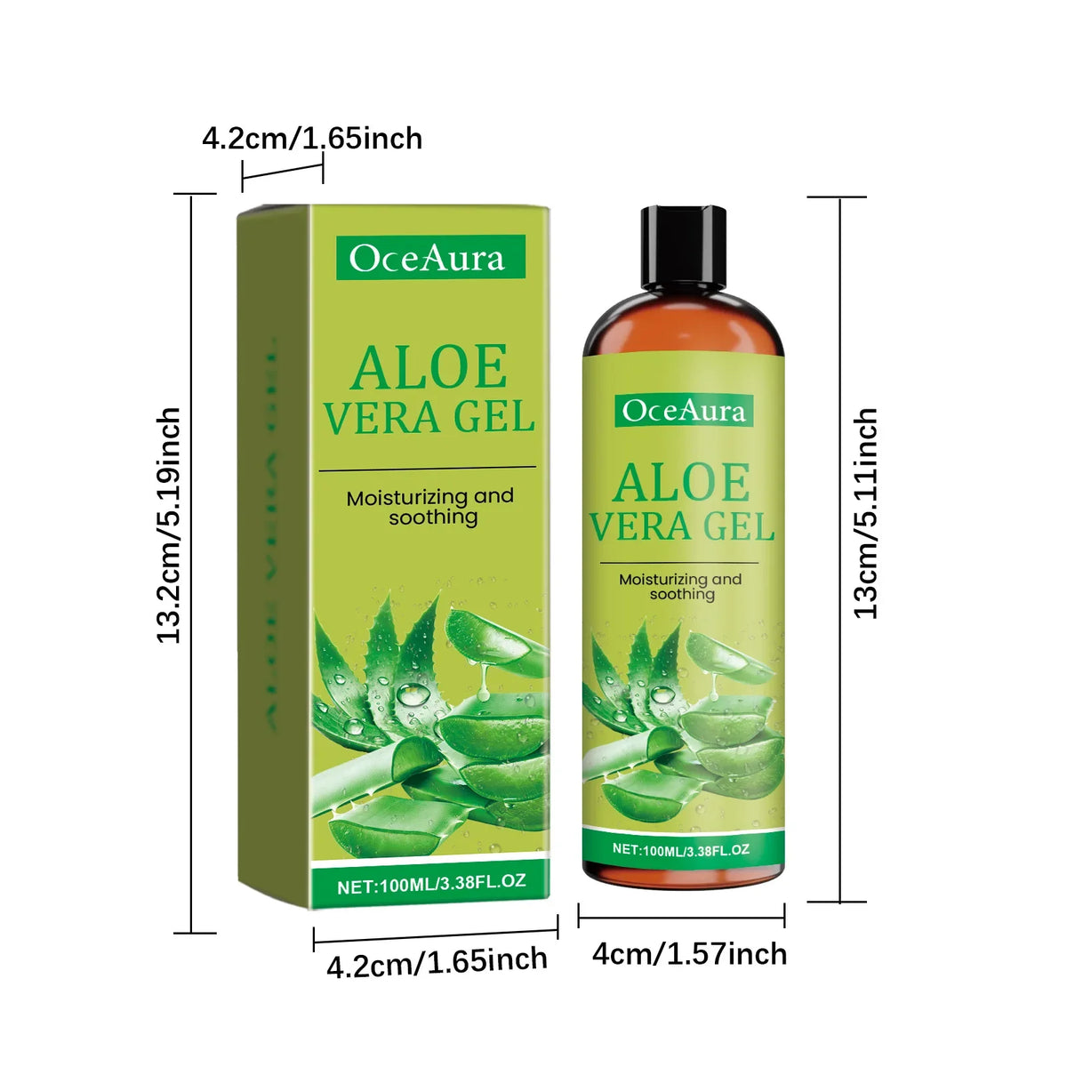 Aloe Vera Gel OceAura box and bottle, green moisturizing soothing formula on Tampa Home & Garden Store