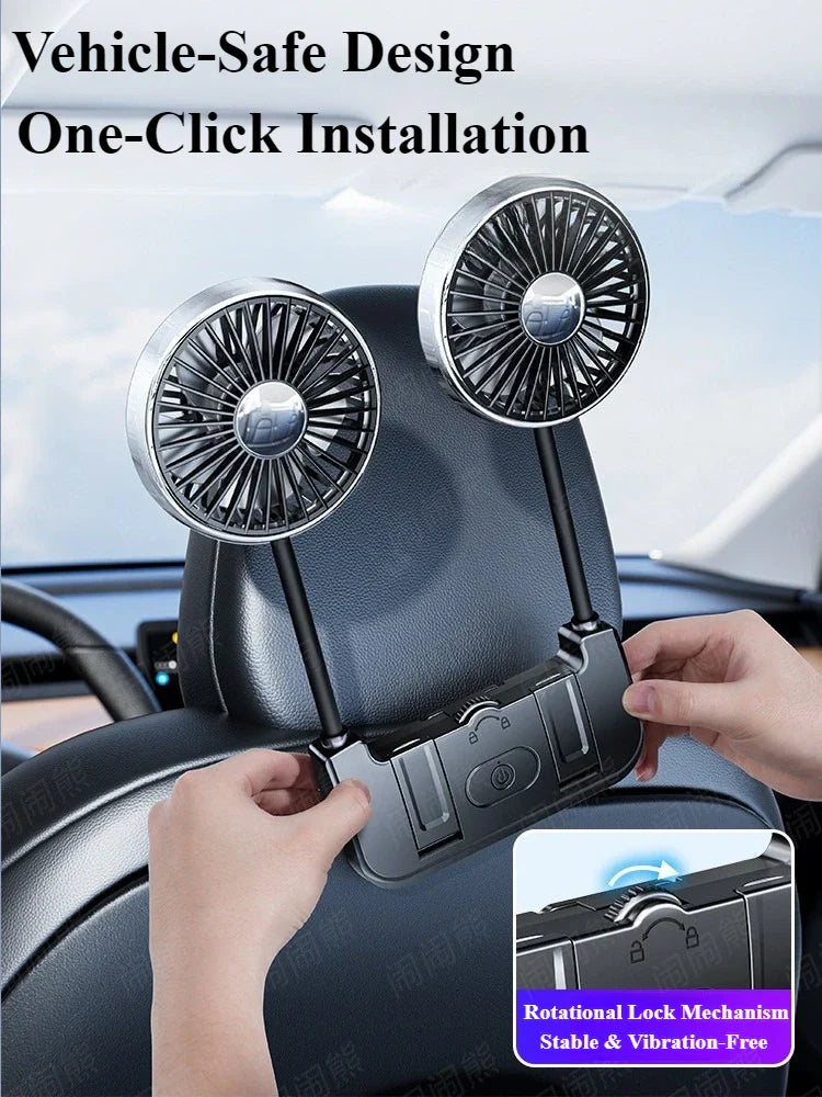 Comfort Breeze | Dual-Head Rear Seat Fan with 360° Rotation & USB-C Charging | Adjustable Airflow for Passenger Comfort