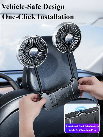 Comfort Breeze | Dual-Head Rear Seat Fan with 360° Rotation & USB-C Charging | Adjustable Airflow for Passenger Comfort