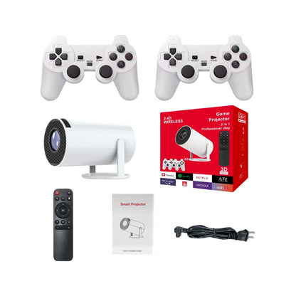 3D game projector set by FLIPSTYLEZLLC with two white controllers, compact projector, red box on Tampa Home & Garden Store