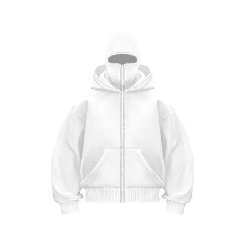Men's balaclava zip hoodie, white UpTrend Deals hooded jacket with built-in face mask on Tampa Home & Garden Store