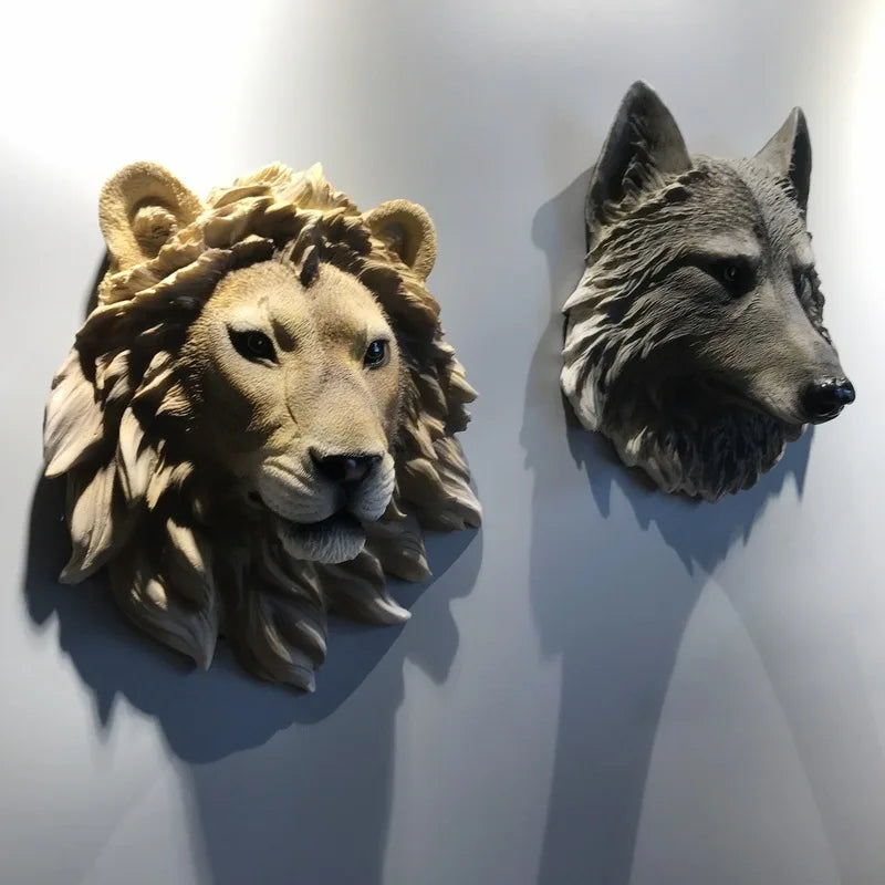Animal head wall decor set of 2: lion and wolf relief sculptures in beige and gray Perfecsy on Tampa Home & Garden Store