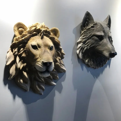 Animal head wall decor set of 2: lion and wolf relief sculptures in beige and gray Perfecsy on Tampa Home & Garden Store