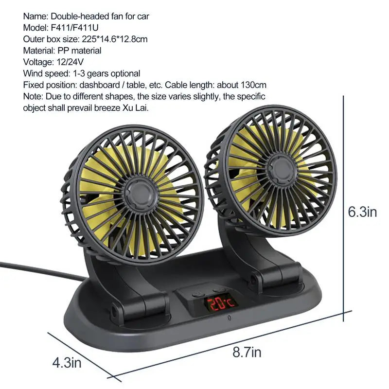Dual Head Car Fan | 12 Volt Portable Fan with 3-Speed Settings | Compact Design for Enhanced Air Circulation
