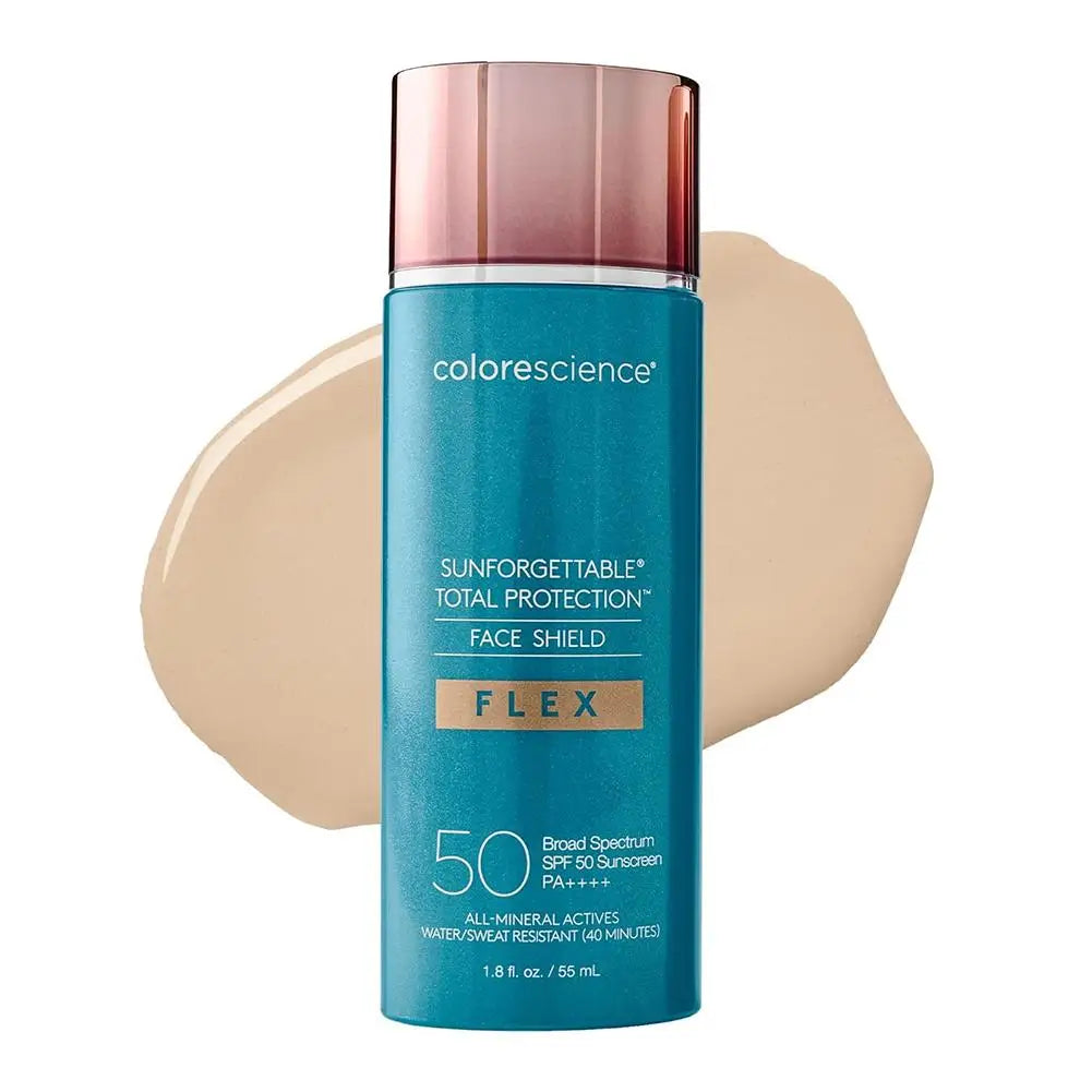 Colorescience Sunforgettable Face Shield Flex SPF 50 sunscreen bottle in turquoise with pink cap on Tampa Home & Garden Store