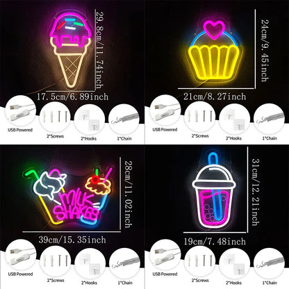 Perfecsy Dessert Series LED Neon Sign Set, 4-piece USB powered wall decor for bakery cafe on Tampa Home & Garden Store