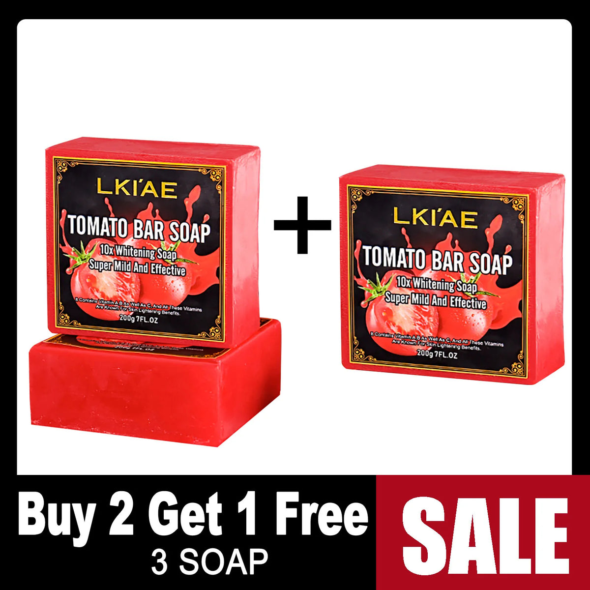 LKIAE Tomato Bar Soap double-pack in red boxes, 200g each, whitening soap with tomato imagery on Tampa Home & Garden Store