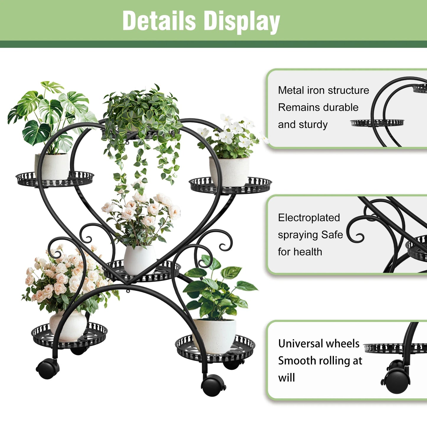 Black Metal Heart 6 Tier Rack For Garden Plants