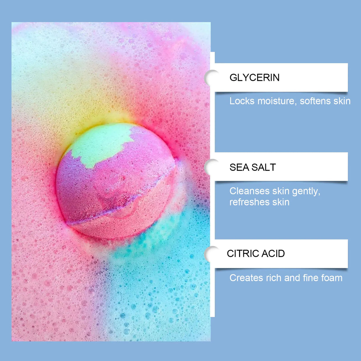 Bath bombs Silcy Skin rainbow pastel sphere amid pink and blue bubbly foam 12pc set on Tampa Home & Garden Store
