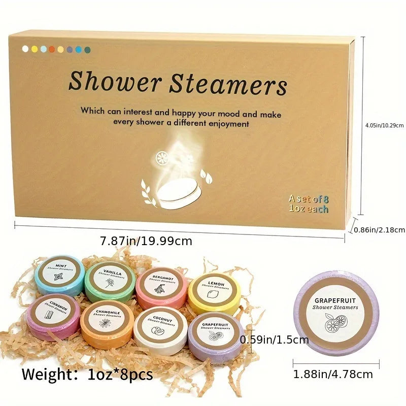 8pc Bath Salt Tablets Set in pastel tins with assorted scents by Silcy Skin Shower Steamers box on Tampa Home & Garden Store