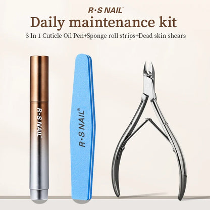 RSNAIL 3-in-1 cuticle care kit: oil pen, blue emery file, stainless steel nail nippers on Tampa Home & Garden Store
