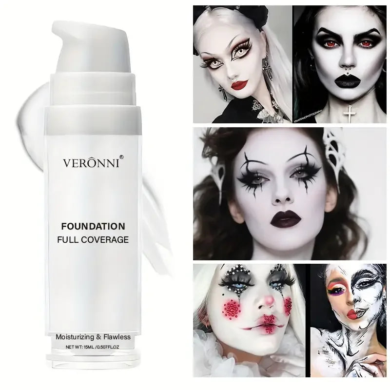 Veronni white liquid foundation bottle; full-coverage creamy makeup for goth cosplay looks on Tampa Home & Garden Store