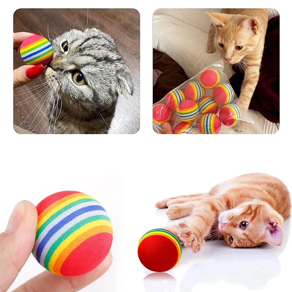 Interactive rainbow striped cat teaser ball toy for cats and kittens; colorful soft foam ball on Tampa Home & Garden Store