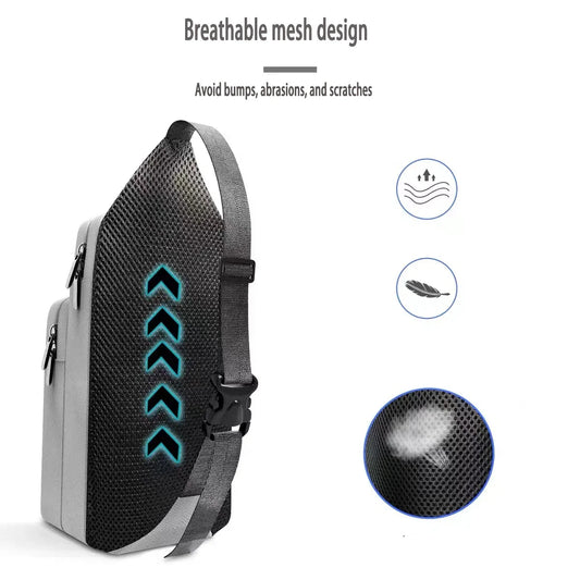 Crossbody game console bag with breathable black mesh back panel and grey strap; fits Switch on Tampa Home & Garden Store