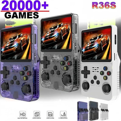 Mini R36S retro handheld game console with three transparent purple gray white shells and 20000+ games on Tampa Home & Garden Store