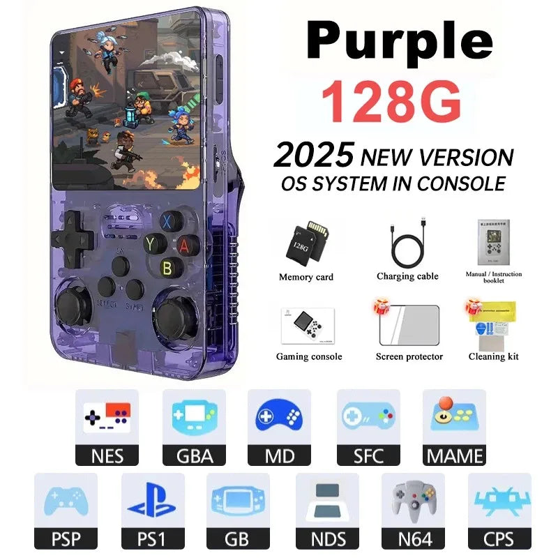 Purple Mini R36S retro handheld game console with translucent shell and built in controls on Tampa Home & Garden Store