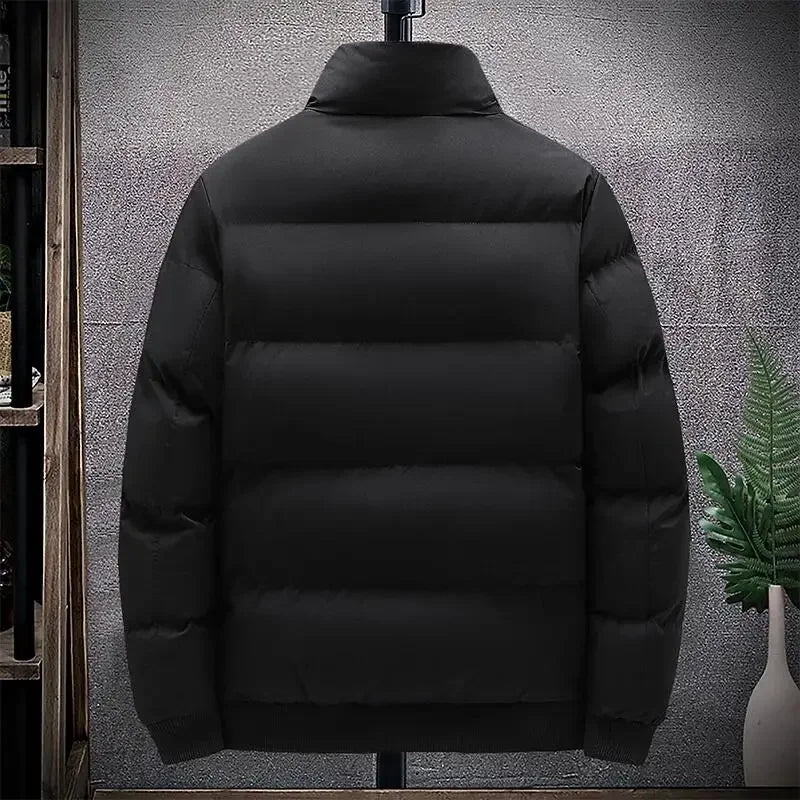 Men's thick black puffer winter jacket, waterproof down coat, back view on Tampa Home & Garden Store