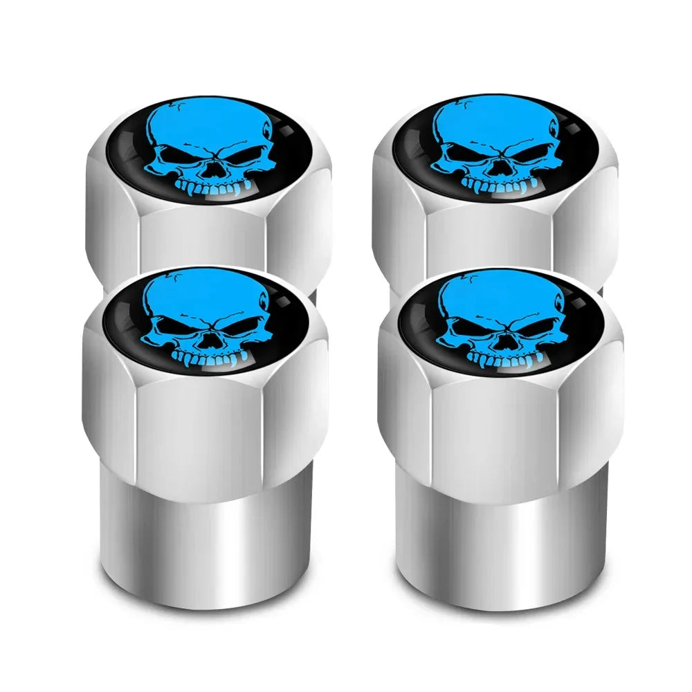 Valve stem caps 4Pcs set chrome metal with blue skull logo by BikerZoneZ for tires on Tampa Home & Garden Store
