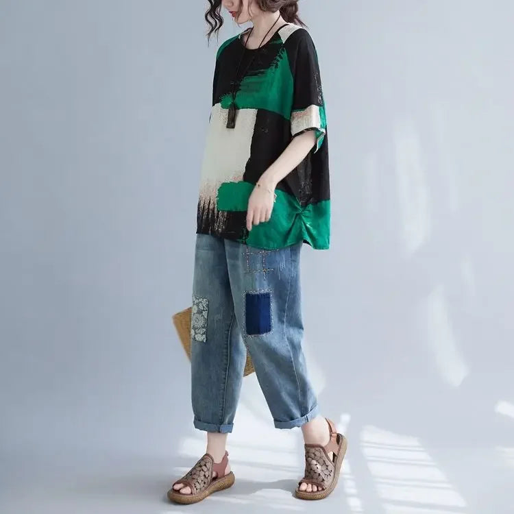 Women Summer Tee Retro loose cotton linen top colorblock green black short sleeves UpTrend on Tampa Home & Garden Store