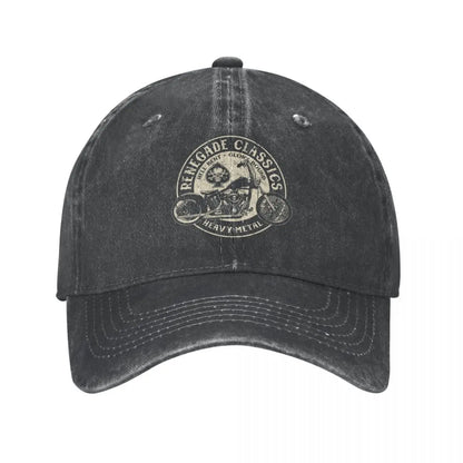 Vintage motorcycle cap in distressed black with circular heavy-metal graphic by BikerZoneZ on Tampa Home & Garden Store