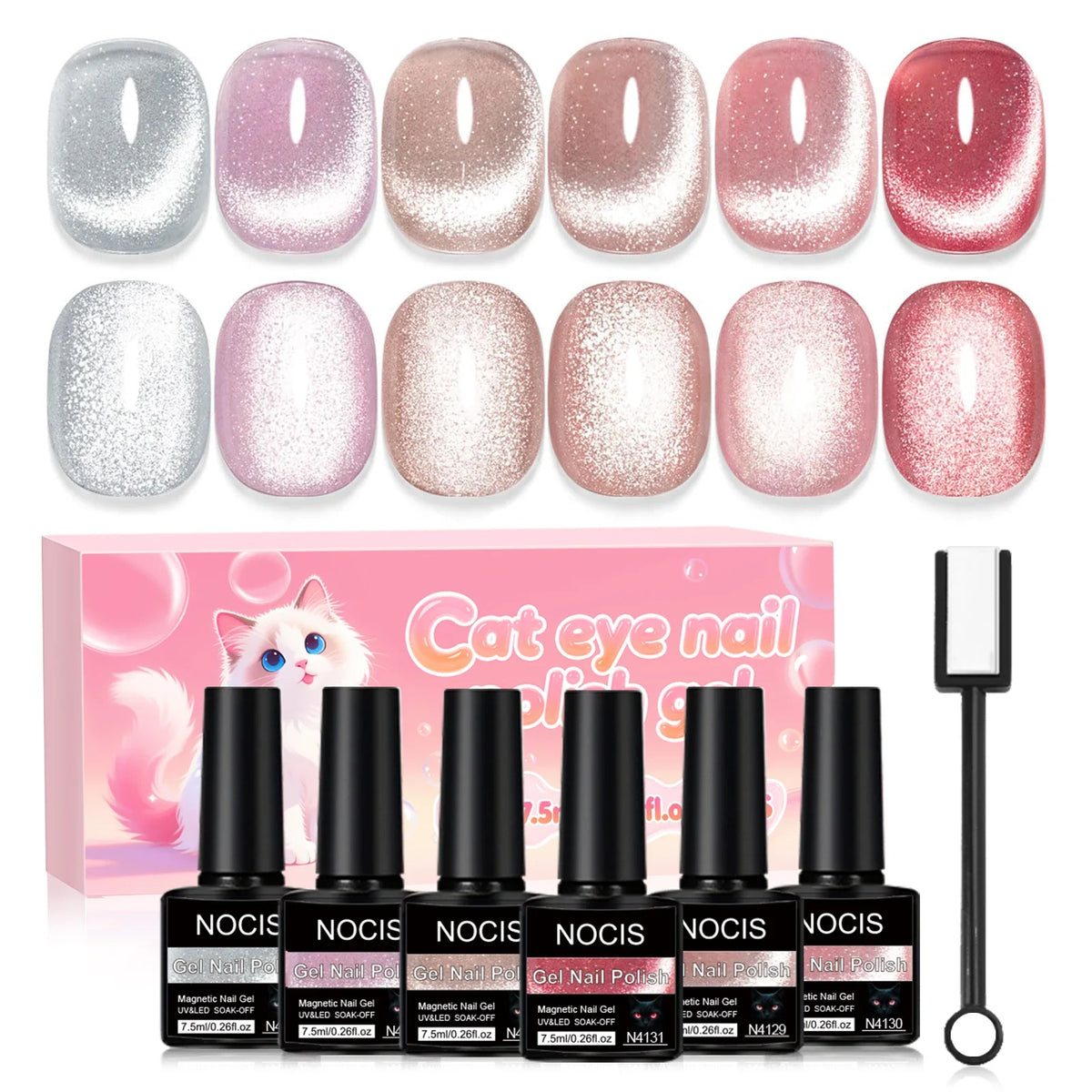 Cat-eye magnetic gel nail polish set, 6x7.5ml NOCIS bottles with glitter swatches on Tampa Home & Garden Store