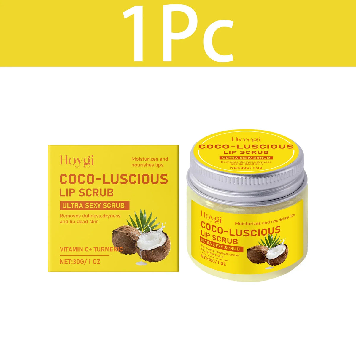 Hoygi Coco-Luscious Lip Scrub jar beside yellow box with coconut image on Tampa Home & Garden Store