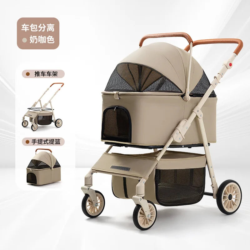 Pet Zen 3-in-1 stroller with detachable carrier, beige mesh canopy, storage basket, 4-wheel on Tampa Home & Garden Store