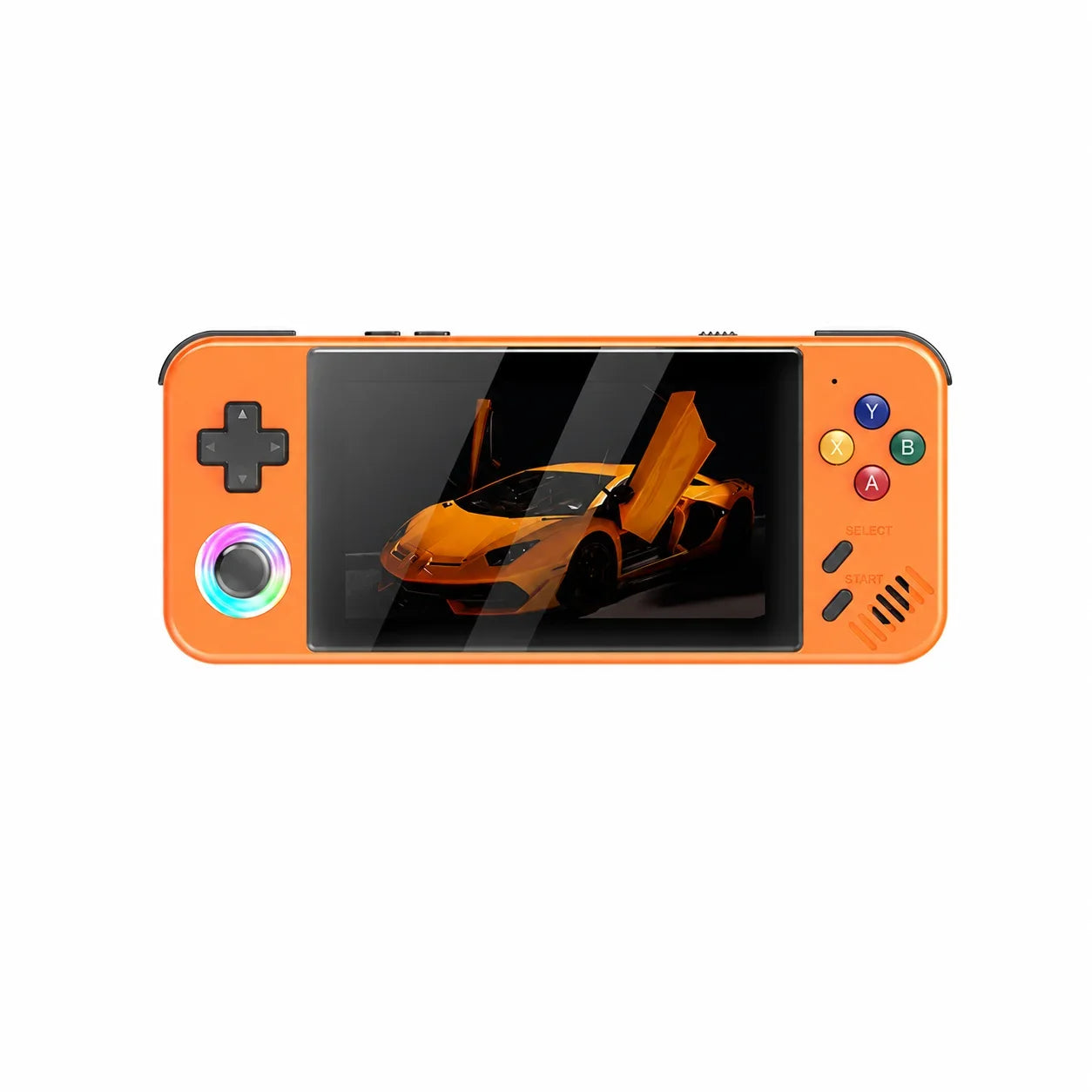 Orange handheld game console with D-pad, RGB joystick, and A/B/X/Y buttons; car on screen on Tampa Home & Garden Store